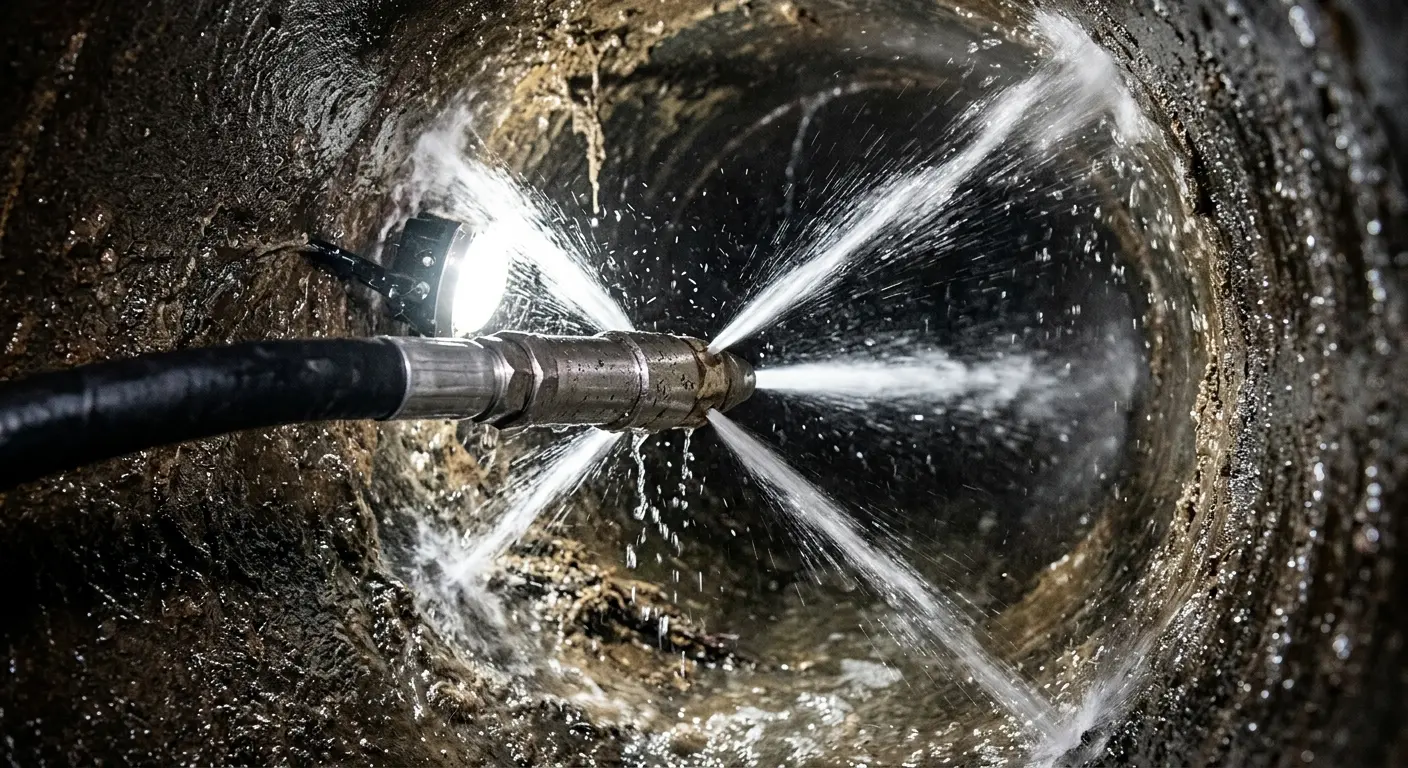 High-pressure hydro jetting nozzle cleaning sewer pipe for Emergency Drain Service in Dallas