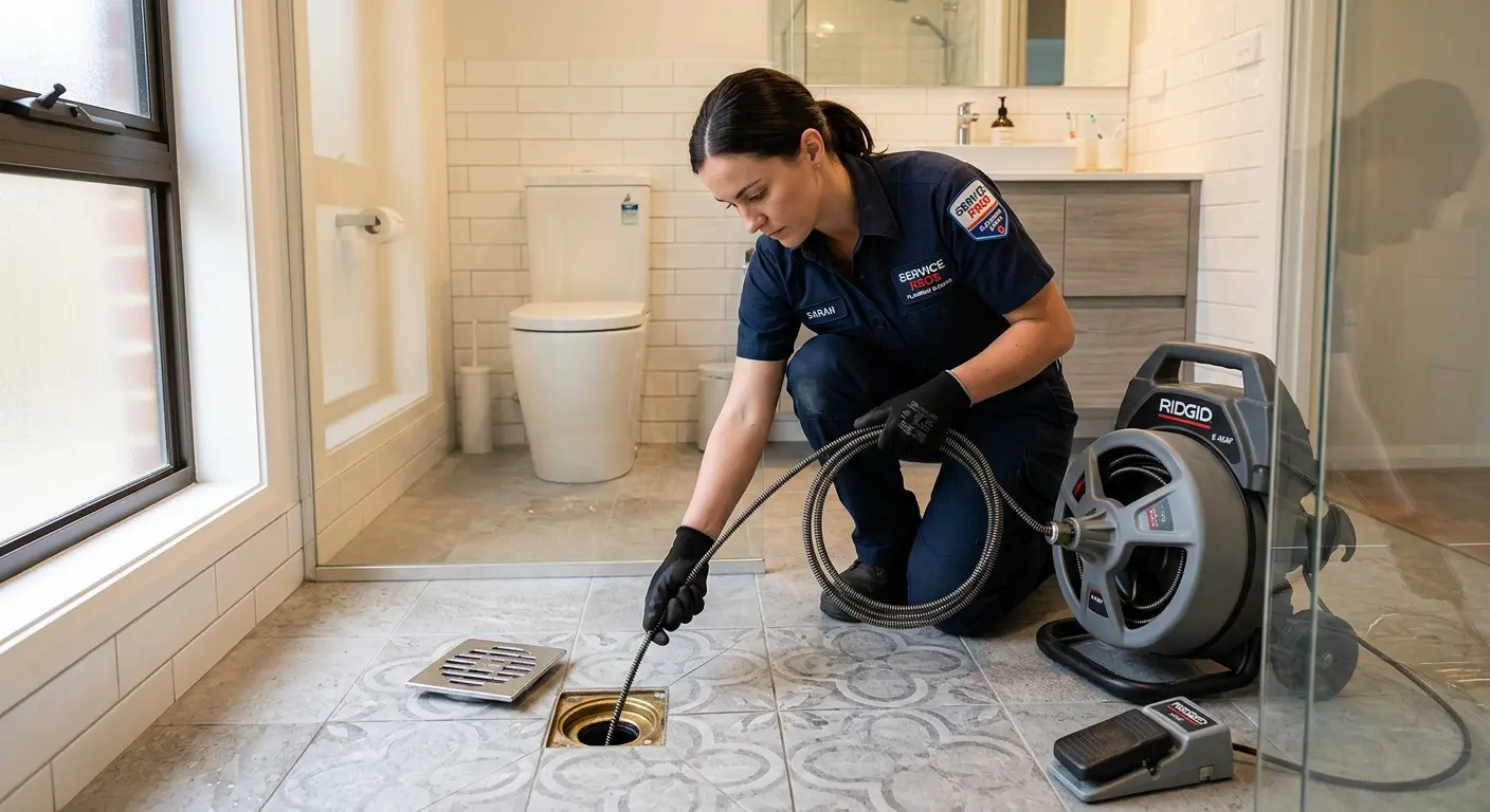 Technician clearing a bathroom floor drain for Sewer Line Replacement in Dallas
